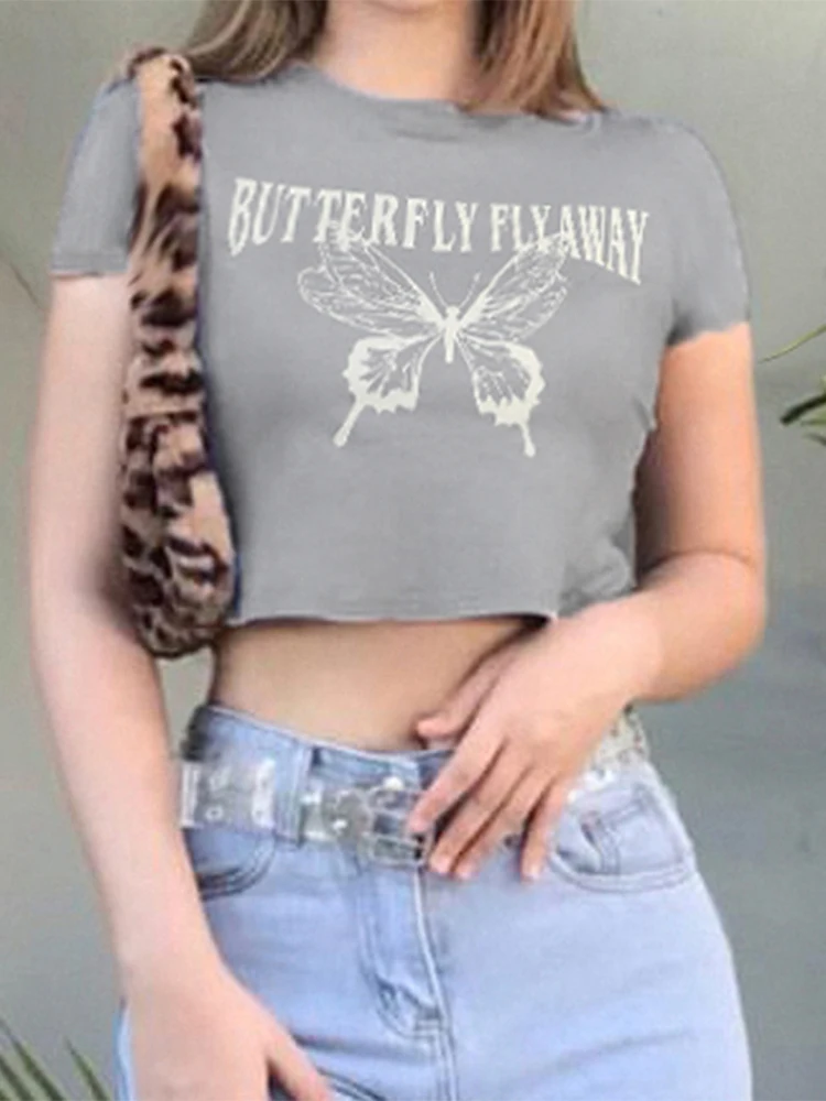 Женская футболка с коротким рукавом ArtSu серая укороченная бабочками