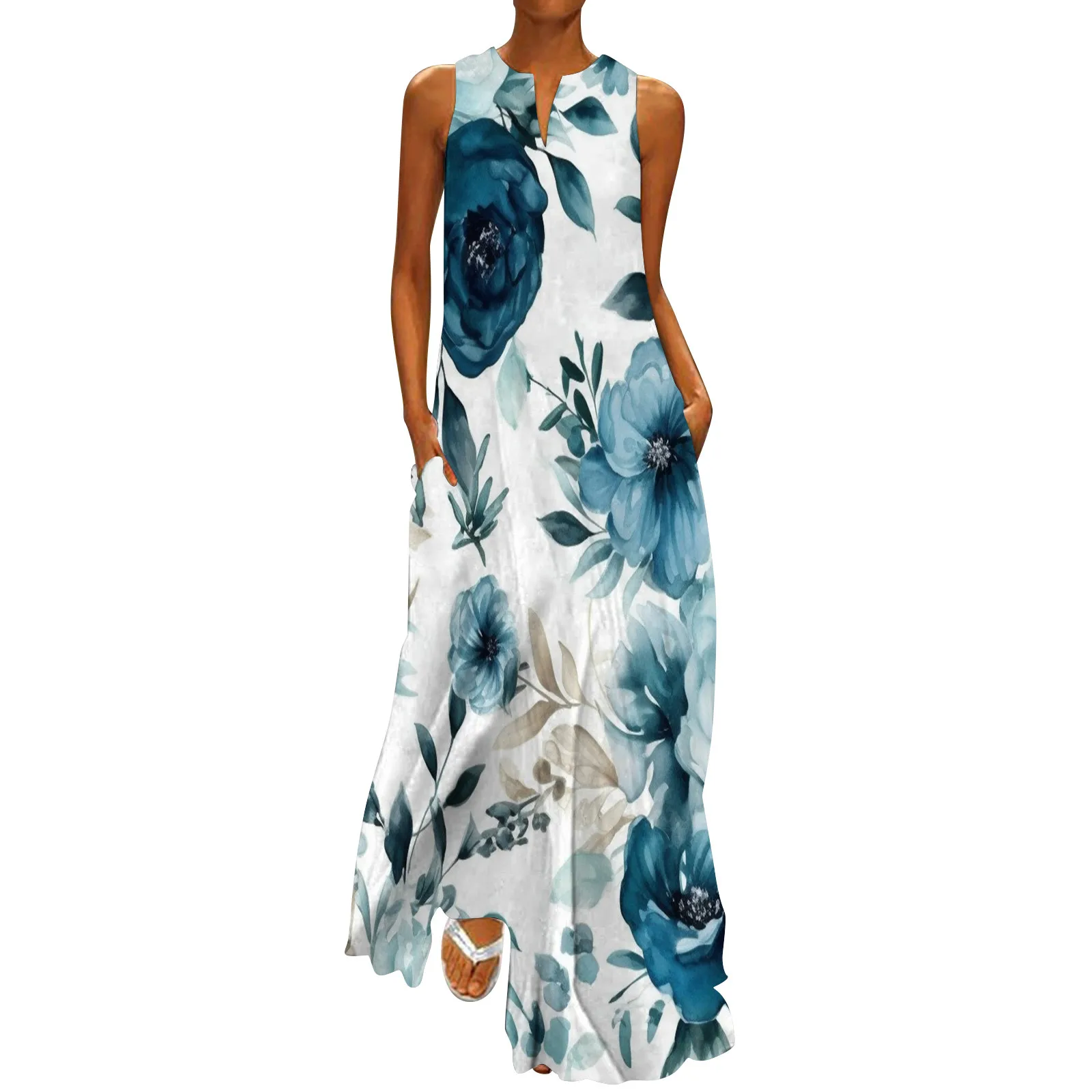 

Женское длинное платье-макси с разрезом, без рукавов