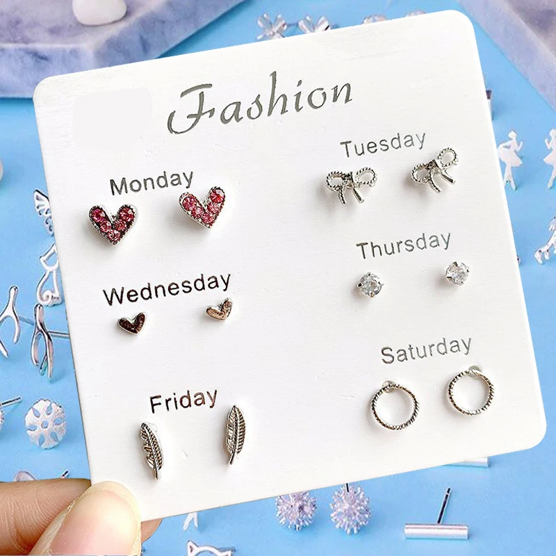 

6Pcs/Set Monday To Saturday Stud Earrings Matching Fashion Simple Korean Ear Studs Pearl Crystal One Week Ins Earring Set
