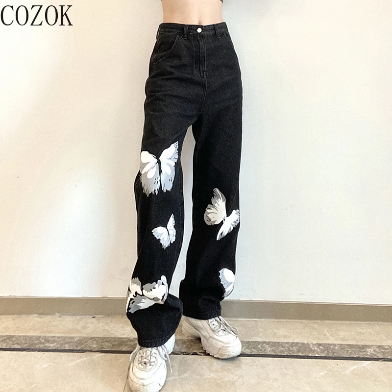 Large Size  Autumn Butterfly Print High Waist Loose and Slimming Straight Jeans Women's Harem Trousers Winter Baggy Jeans