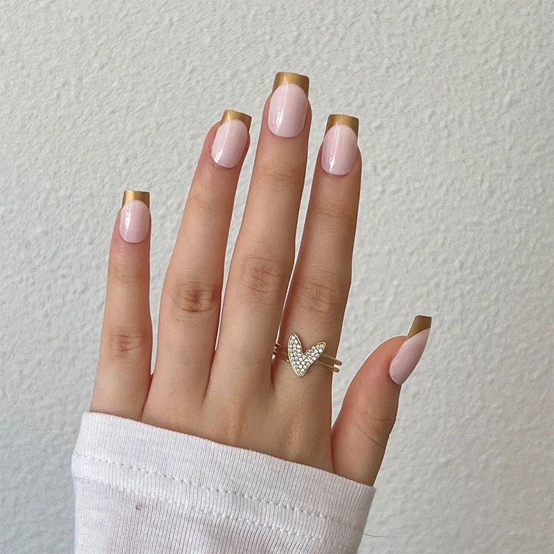 

24Pcs/Box Gold Fake Nails Press On Nails French Tips Nails Set Press On Nail Tips With 24Pcs Glue Sticker Nail Art