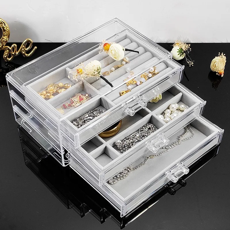 Acrylic Organizers Velvet Three-Layer Jewellery Storage Box Earring Rings Necklace Large Space Jewellery Case Holder Women Gift