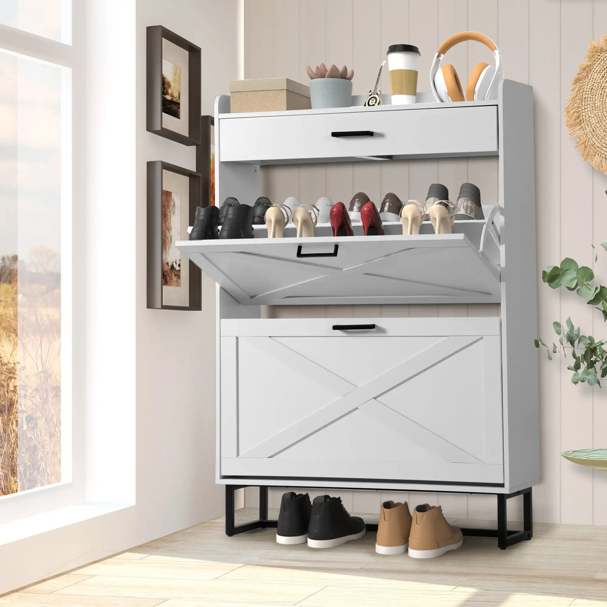 Современный белый шкаф для обуви с двумя откидными ящиками — полка отдельно