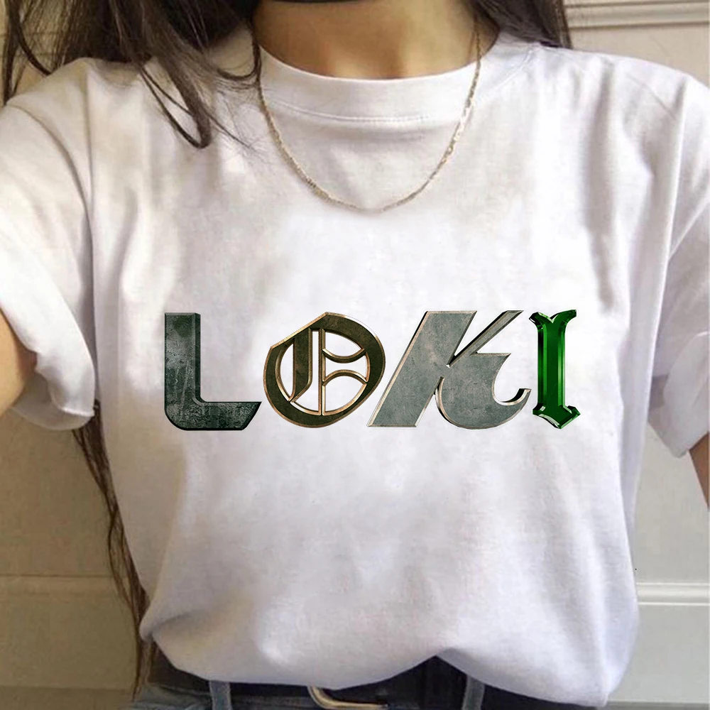

Kawaii Marvel Super Hero Loki T-Shirt God of Mischief Loki Letter Graphic Tees Tops Disney Unisex Cartoons T-shirt Women Clothes