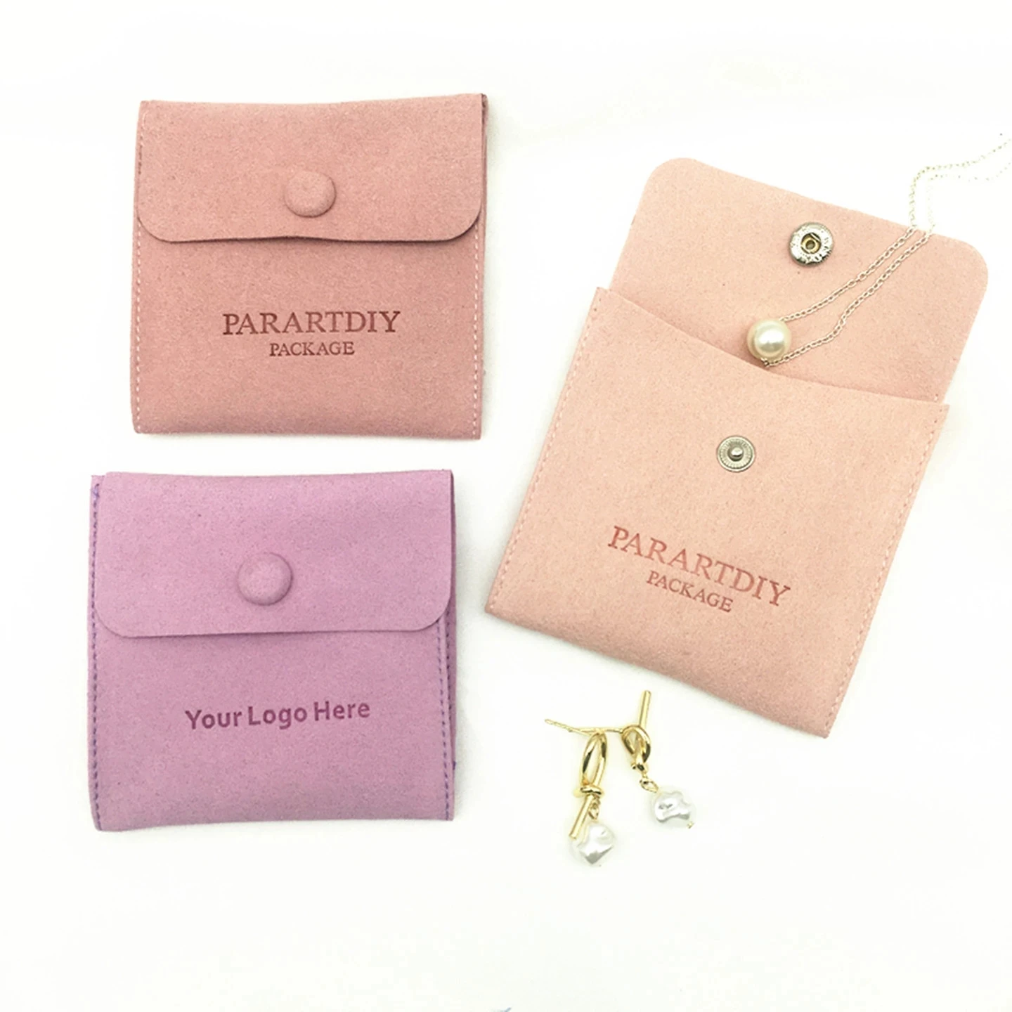 50pcs custom jewelry package supplies personalize logo microfiber pouch bag with button necklace packaging bags with logo