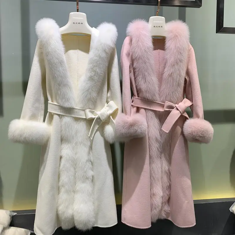 FURYOUME 2022 Winter Women Real Fur Coat X-long Cashmere Luxury Jacket With Belt Natural Fox Fur Collar Placket Cuffs Streetwear enlarge