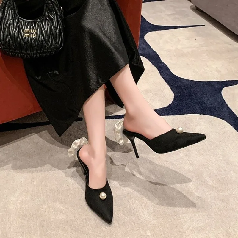 Черные Атласные Туфли-лодочки С Острым Носком Туфли На Высоком Каблуке Женские