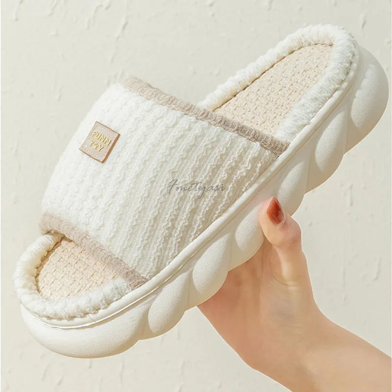 Casual Women Home Slippers Flax Solid Striped House Slippers Non-Slip Female Indoor Platform Shoes for Woman Bedroom Slippers