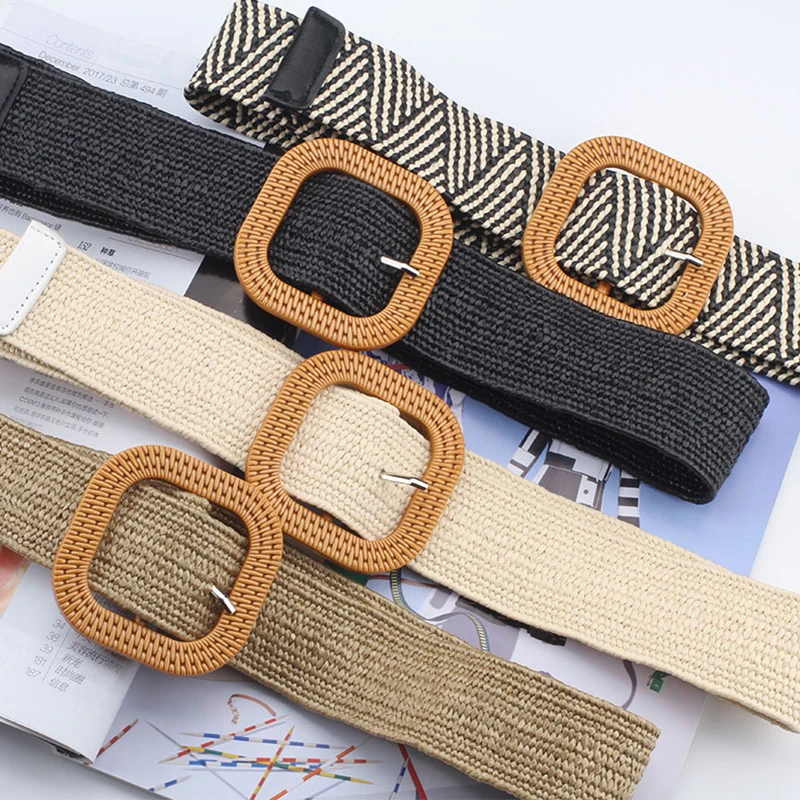 

Women Wide Braided Elastic Belt for Dress Spring and Summer Fake Straw Wide Belts Square Round Wooden Buckle Female Waistband