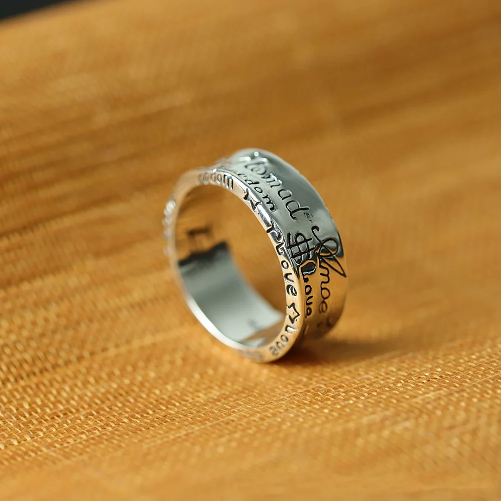 

925 Sterling Silver Six Words 5mm Width Rings For Lovers Tibetan Shurangama Mantra Rings Buddhism Jewelry