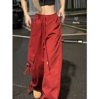 mingliusili red cargo pants women loose wide leg pants 2022 autumn new korean fashion street high waist straight trousers