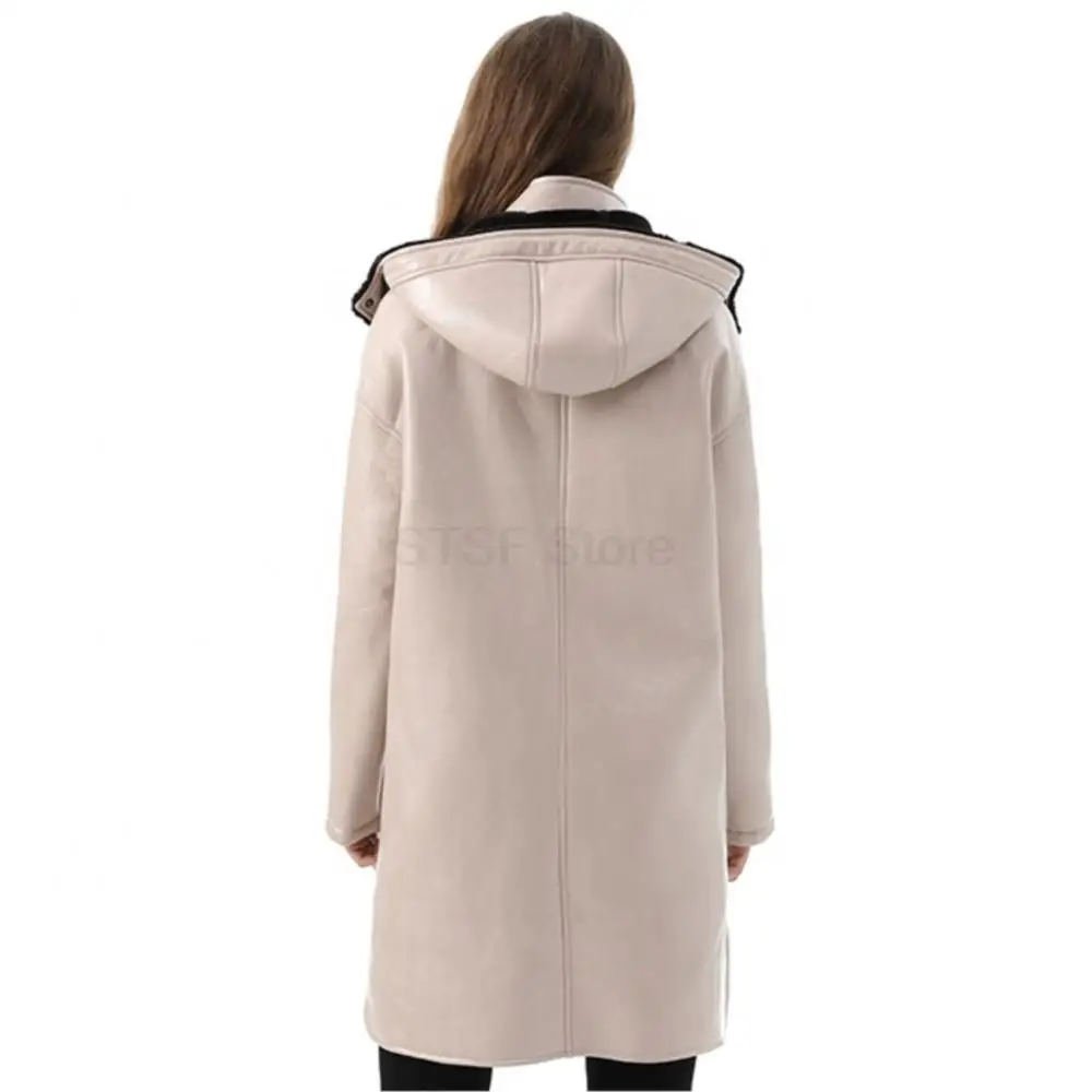 Women Real Leather Long With Detachable Hood Jacket Lapel Pocket Single Breasted Coat Pure Color Cowhide Women's Indbreaker