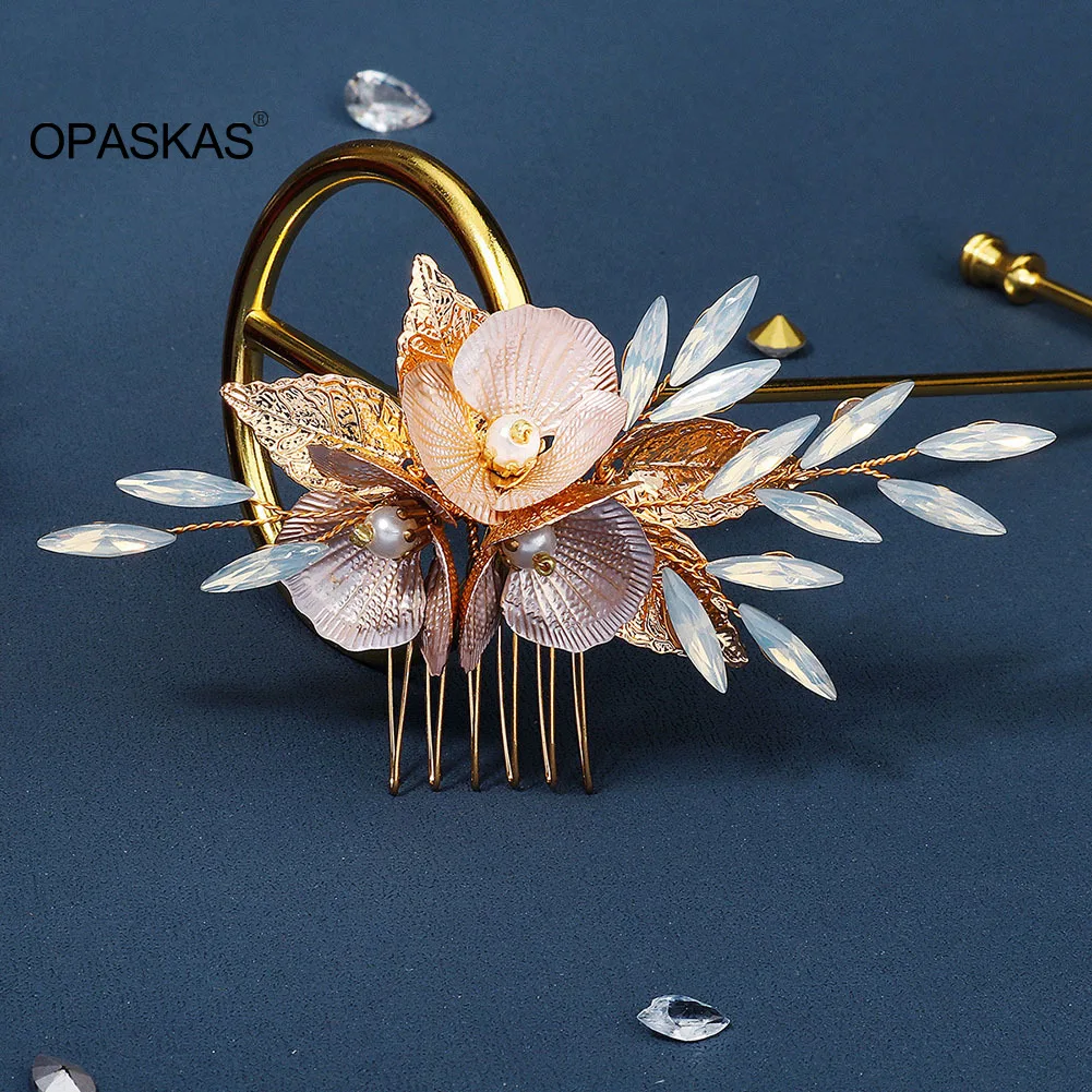 

Fairy Hair Combs Clips Bride Wedding Headpiece For Women Fashion Flower Pearl Golden Hairpins Tiaras Girls Alloy Hair Jewelry