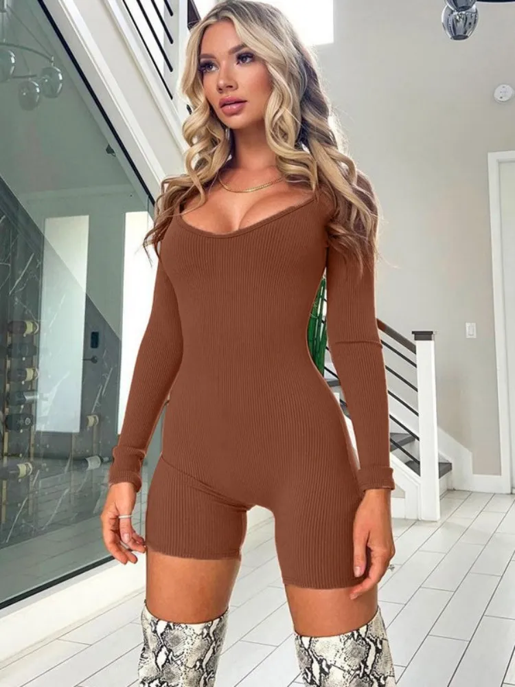 

Y2k Jumpsuit Women Playsuit Solid One-Pieces Sexy Rompers Long Sleeves Bodysuits U-neck Slim Shorts Rib Bodycon Pijamas Feminino