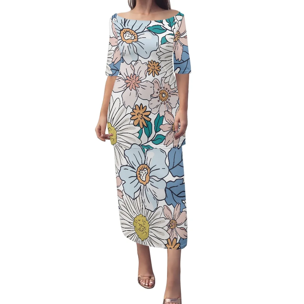 

Factory Outlet Short Sleeve Puletasi Dress Half Sleeve Top Skirt Two Piece Set Flower And Plants Leaves Theme Print Causal Dress