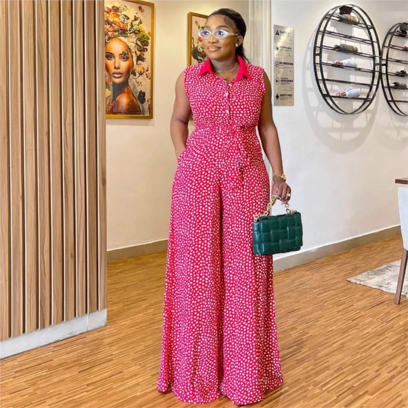 Casual Women Clothing Playsuit African Jumpsuit Fashion Print Loose Wide Feet Long Pants Sleeveless Pocket Lapel Jumpsuit Summer