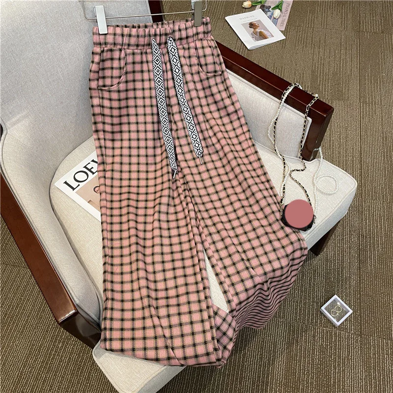

Korean Fashion Plaid Pants Women Summer 2022 Kawaii Trousers High Waist Casual Baggy Lattice Print Pink Pants Sweat Pants Women