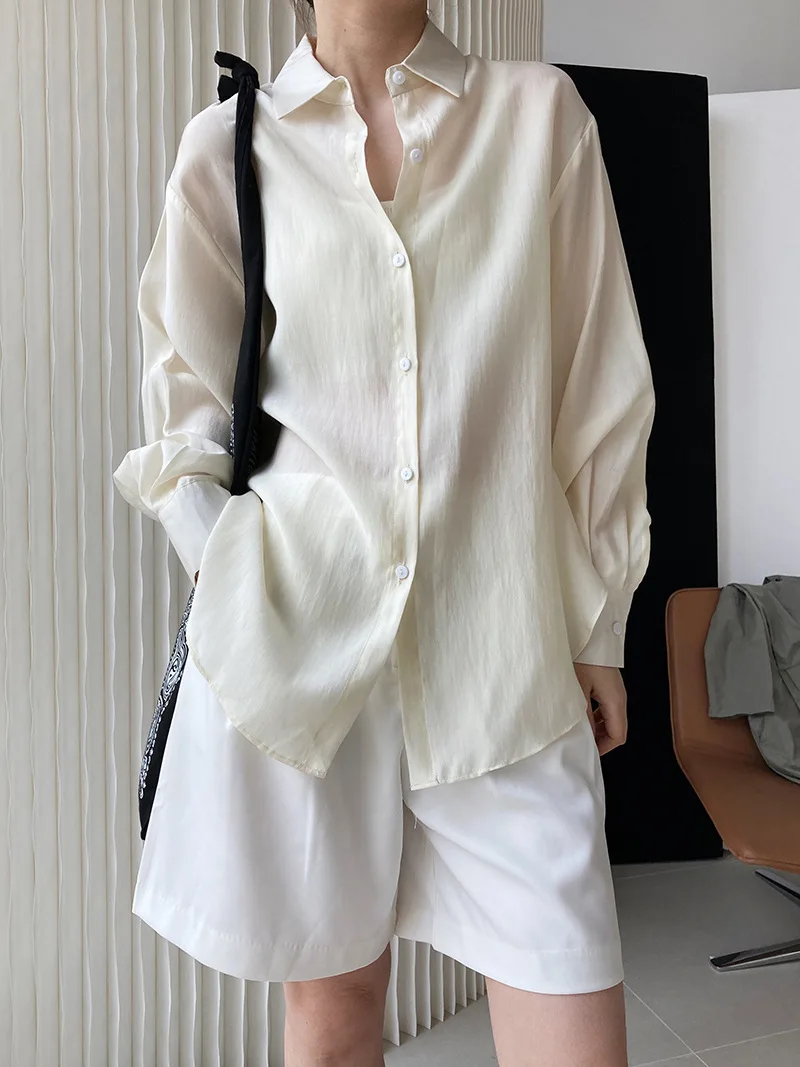 

Jyate 2023 Autumn New Long Sleeve Thin Shirt Women Elegant Solid Lapel Single Breasted Blouse Fashion Chic Loose Lace Up Shirts