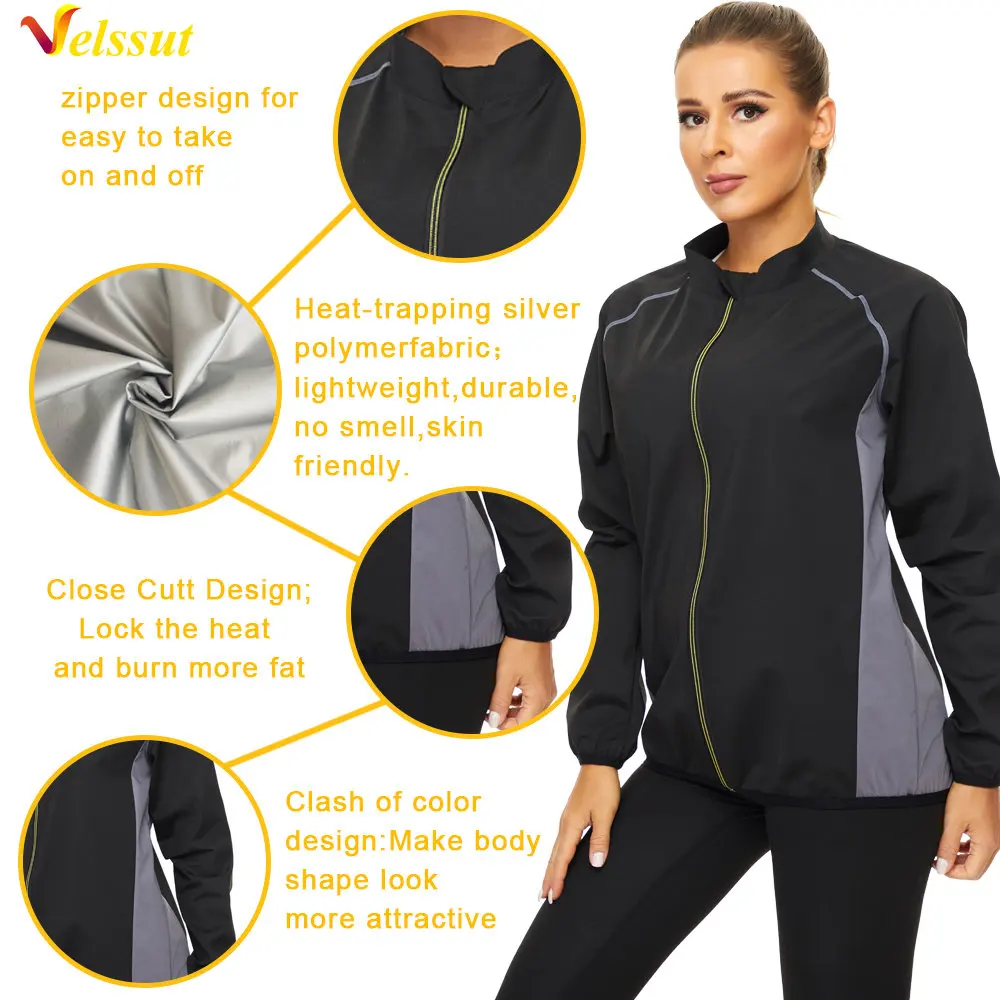 Velssut Sauna Jacket for Women Hot Sweat Top Weight Loss Shirt Fitness Long Sleeve Thermal Sportwear Fat Burner Gym Sport Zipper