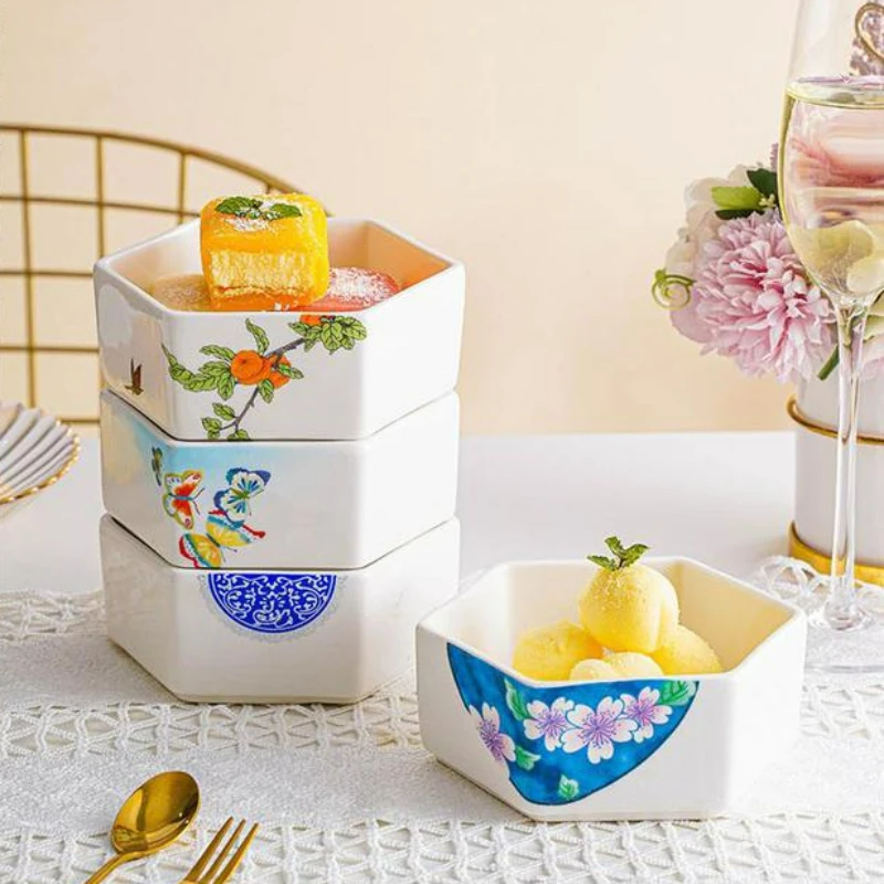 

Chinese Style Hexagonal Dessert Plate Household Ceramic Fruit Snack Dry Fruit Dishes Chinese Tea Plate Food Dinner Tableware Set