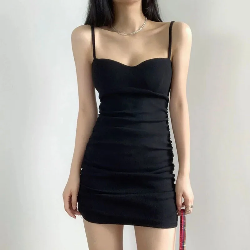 Черное тонкое мини-платье на бретельках женское Y2K корейское уличное платье без