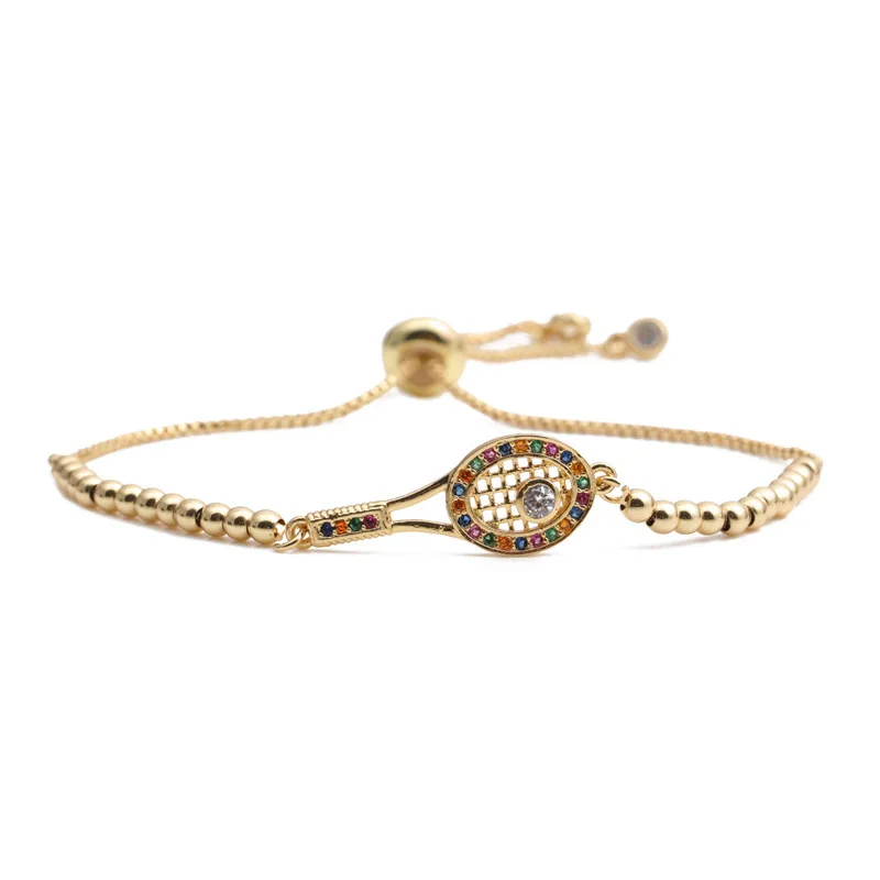 Gold Plated Multicolor Cubic Zirconia Crystal Tennis Racket Charm Bracelet Women 2023 New Fashion CZ Stones Racquet Jewelry Gift