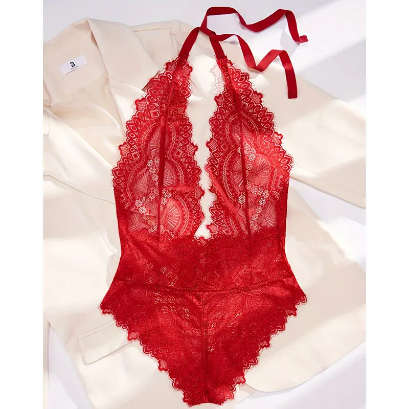 Цельнокроеное женское прозрачное кружевное нижнее белье эротическое на