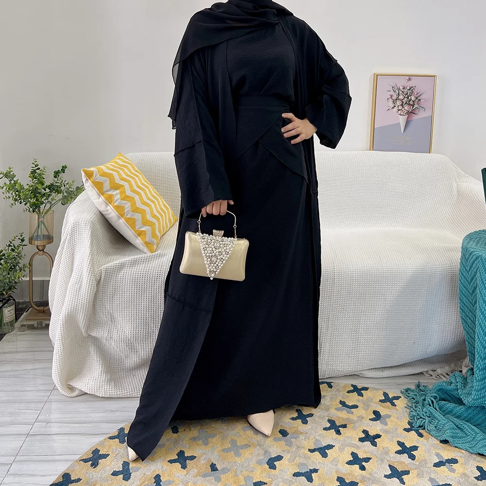 Muslim Long Short Sleeve Dress+Cardigan+Belt Three Set Fashion Islamic Dubai Turkish Modest Abaya Dresses For Women Ramadan