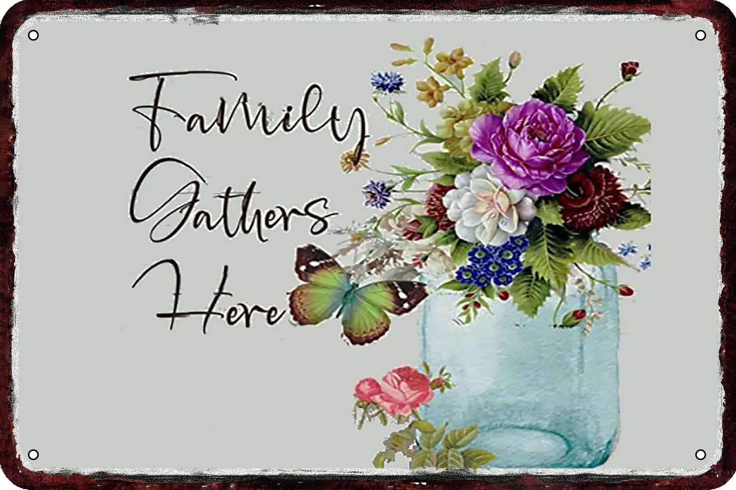 Семья собирает здесь цветы Подсолнухи и винтажные металлические жестяные знаки