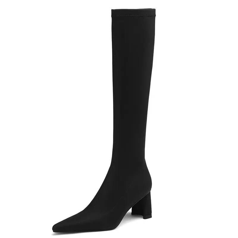 

Stretch Fabric Thick High Heels Women Knee High Boots Fashion Concise Autumn Winter Ladies Dress Party Shoes Woman Size 41 42