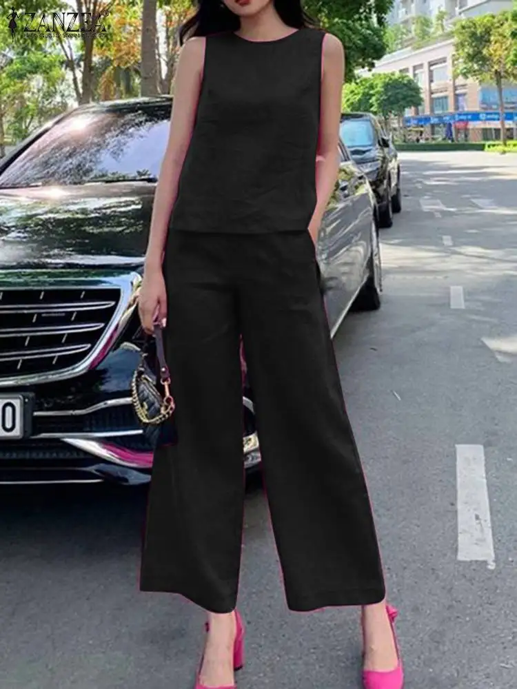 

ZANZEA Fashion Matching Sets Women Summer Tracksuits 2-piece Sets Sleeveless O Neck Blouse and Wide Leg Pants Work OL Outfits