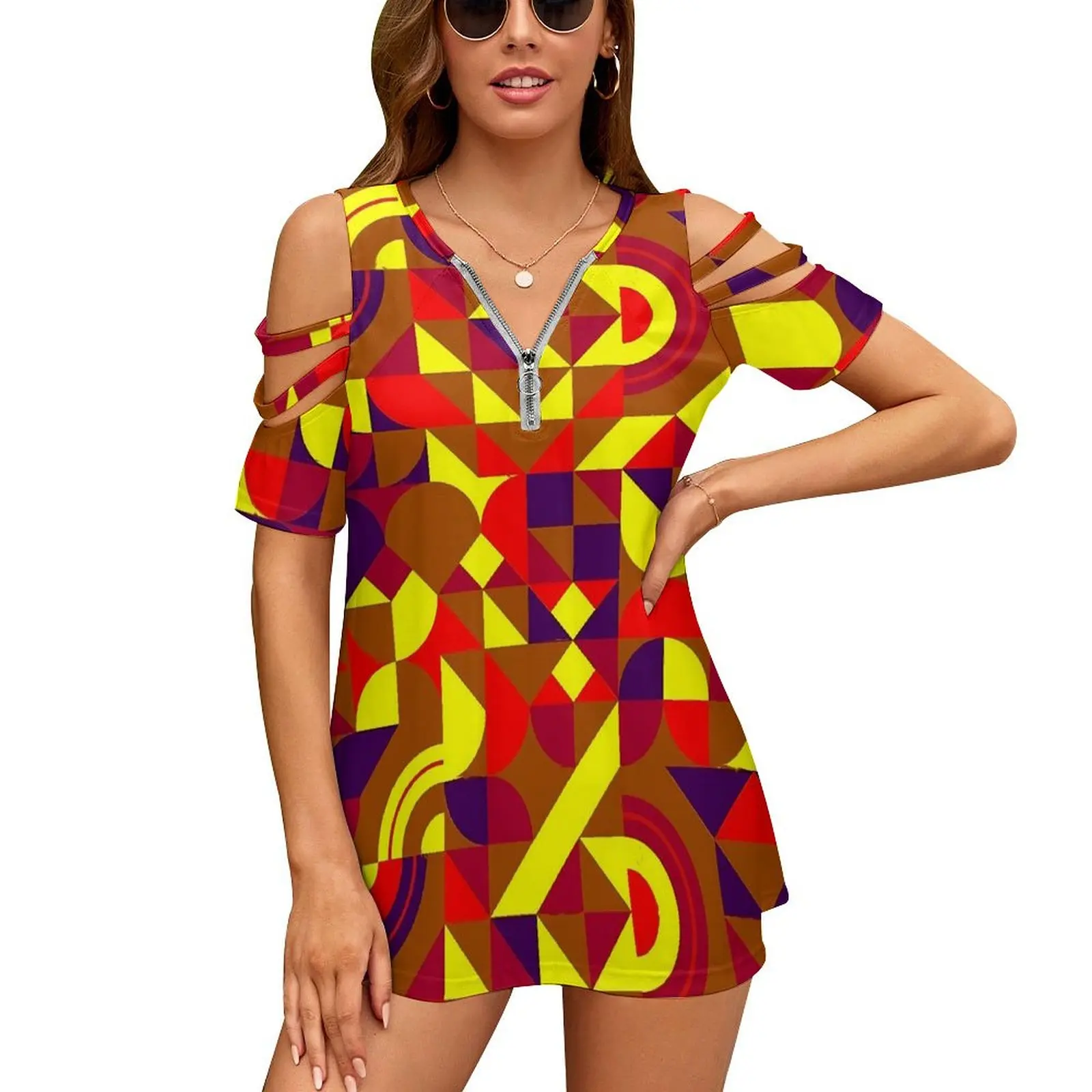 

Футболки с геометрическим принтом, уличная одежда с абстрактным геометрическим рисунком, женская футболка большого размера с V-образным вырезом и открытыми плечами, женская одежда на день