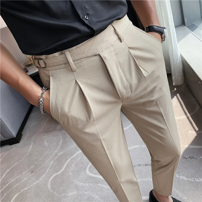 

Pants Slim Quality Fit Trousers Ankle High Elasticity Wedding Casual Pants Suit Office Pantalon Men Dress Formal Social Business