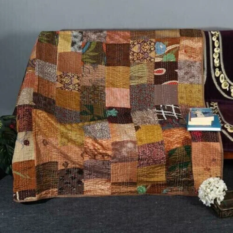 

Brown Handmade Throw Patchwork Vintage Kantha Quilt 90x108" Bedding Bedcover