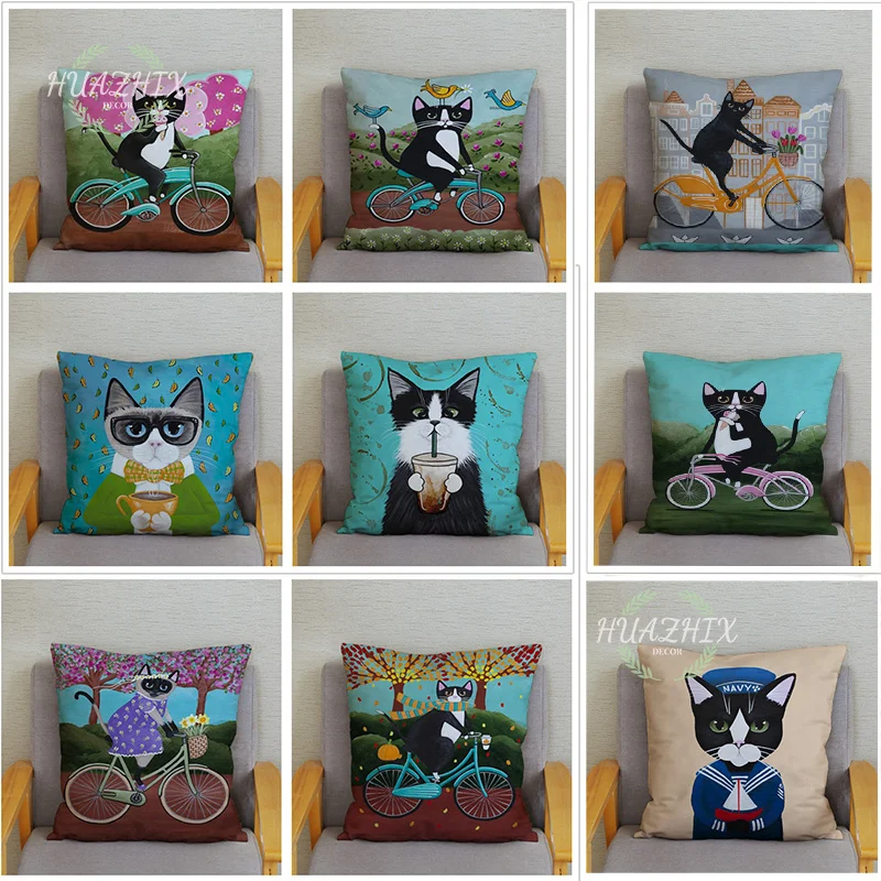 

Customized Cartoon Cycling Cat Peach Skin Soft Pillowcase Print Cushion Cover Super 45x45 Pillow Home Decor Housse De Coussin