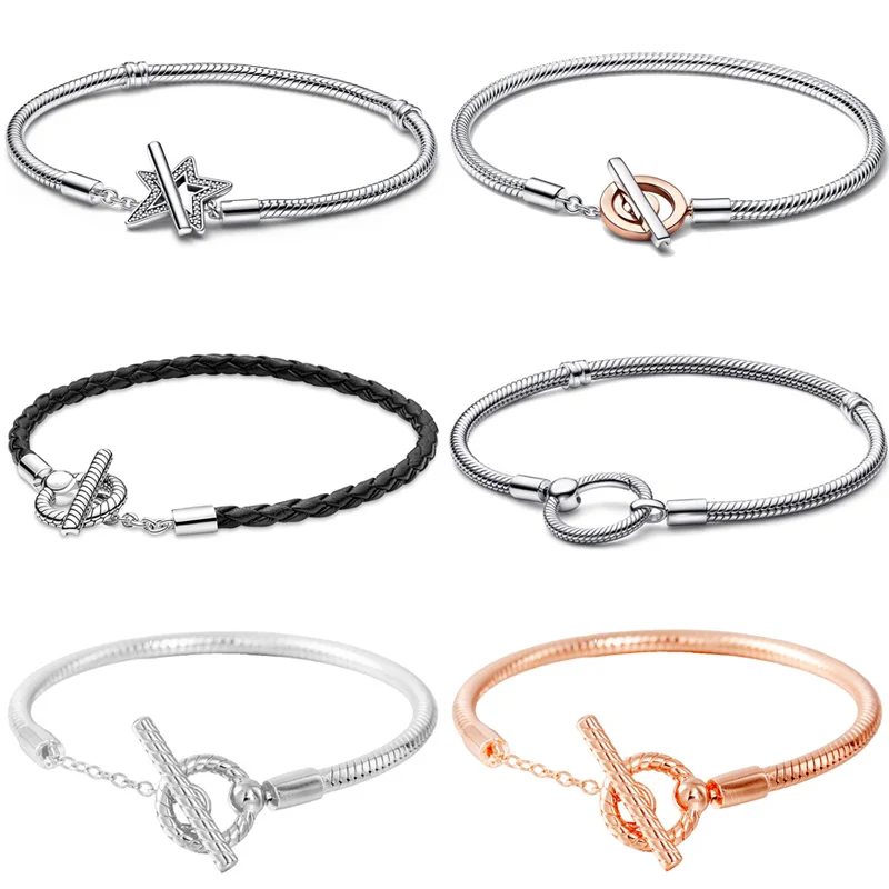 

Signature Two-tone Asymmetric Star Braided Leather T-bar Bracelet Bangle Fit Fashion 925 Sterling Silver Bead Charm DIY Jewelry