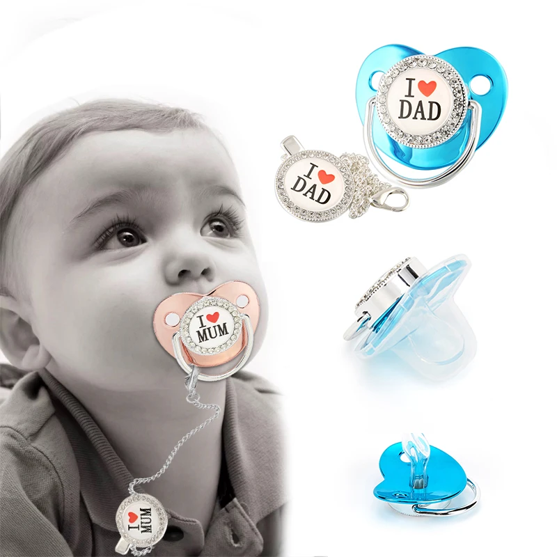 

Pacifier Baby Shower Gift Bling Baby Dummy Silicone BPA Free Infant Nipple Newborn Pacifiers For Babies I Love Mum Dad BabyGift