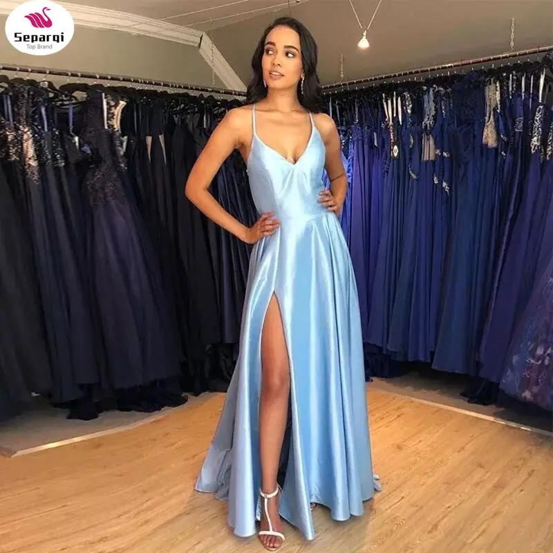 

2022 простое длинное вечернее платье светло-голубое атласное платье с перекрестной спинкой для женщин вечерние платья