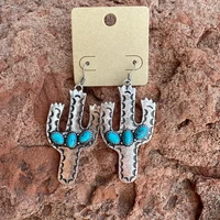 cactus design earrings with turquoise inlay western country southern southwestern jewelry for cowgirl cowboy saguaro ar944