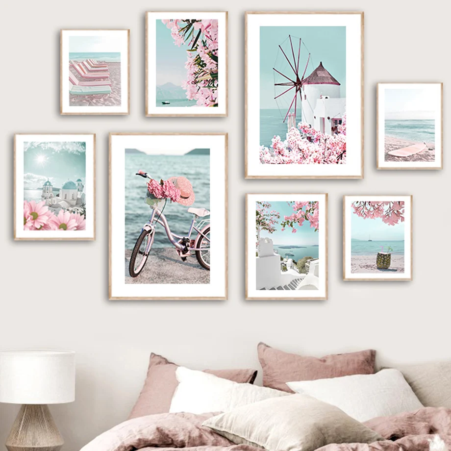 

Santorini Aegean Pink Flower Coconut Beach Sea Nordic Wall Art Canvas Painting Posters And Prints Pictures For Living Room Decor