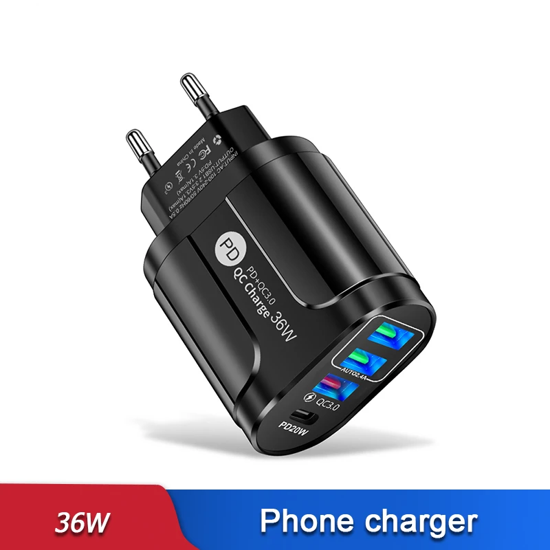 

36W Quick Charger PD Type C Phone Charge LED Lighting EU US UK Plug 4 Port Wall USB Adapter For Iphone 12 Pro Max Samsung Xiaomi