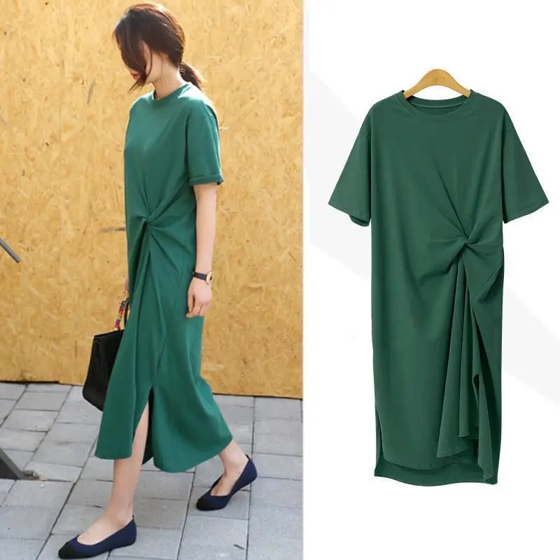 

S-3XL 3Colors Elegant Women Split Short Sleeve Long Dress O-neck Solid Green Summer Cotton T shirt Dress Sales Sexy dress