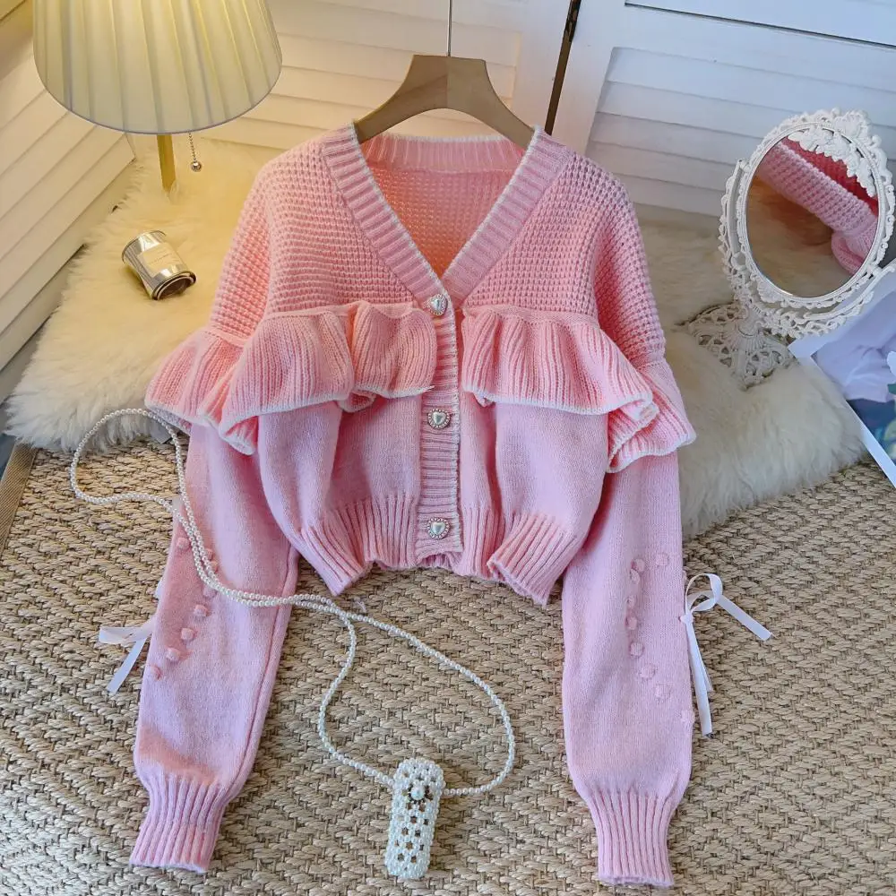 

Knitting Chic Ruffles Sweater Pink Cardigan Lantern Sleeve Sweaters Tops Female Casual Ladies V-Neck Women Clothes Dropshipping