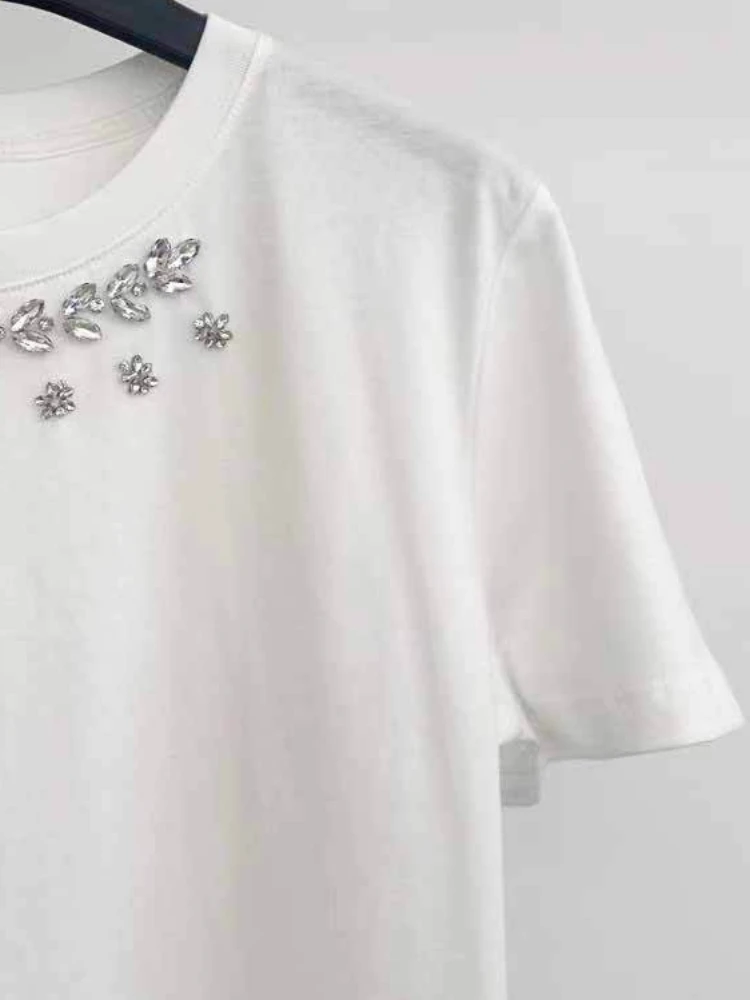 

2023 Early Autumn New All-match Short-sleeved T-shirt with Rhinestones Women