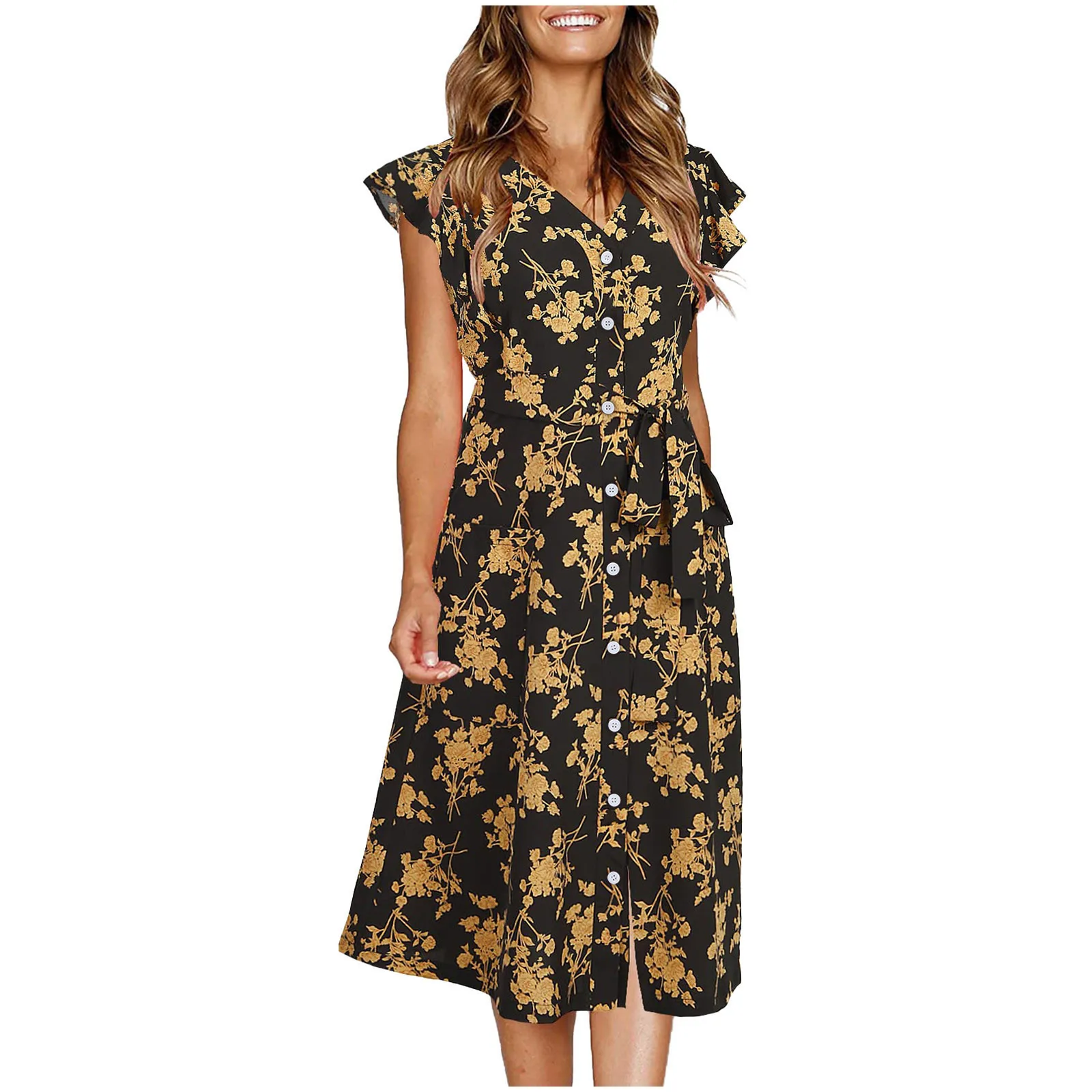 

Casual Button Summer Women Midi Dress 2022 Sexy V-Neck Bohemian Style Female Dress Vintage Long Beach Vacation Elegant Dress