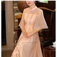 2022 chinese dress traditional chinese women hanfu dress satin retro short sleeve qipao vintage evening cheongsam dress qipao