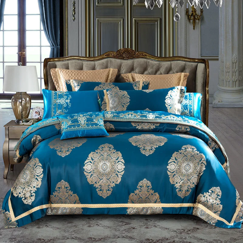

Blue Brown color Luxury Royal Bedding Set Queen King size Bed Cotton Bed/Flat Sheet set Satin Jacquard Duvet cover Bedlinen