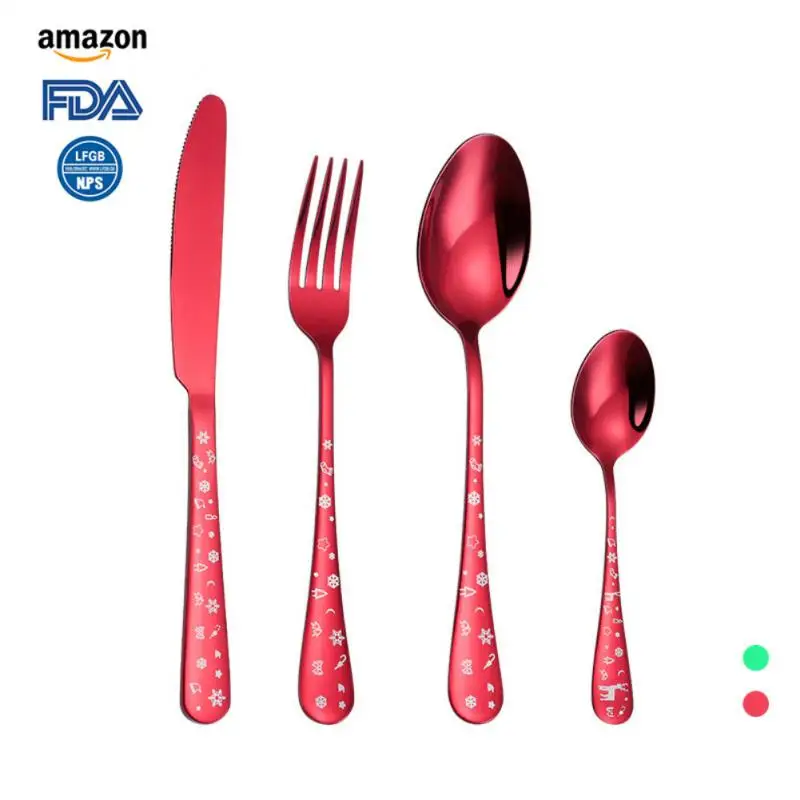 

4pcs/set High Quality Stainless Steel Flatware Set Christmas Cutlery Kitchen Food Red Green Dinnerware Knives Knife Fork Spoon