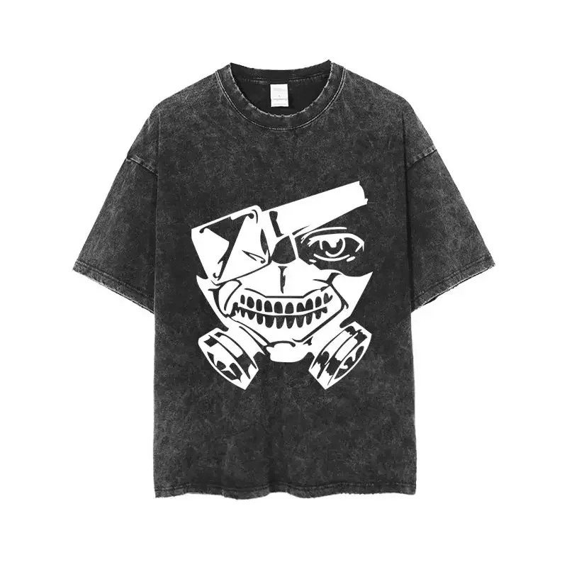 Фото Футболка оверсайз Tokyo Ghoul Ken Kaneki TG Project Monochrome Acid Wash, черная, летняя, 2026, уличная одежда, с аниме-графикой №3