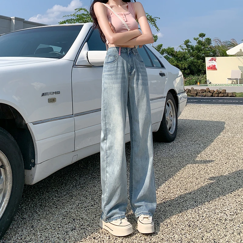 Jeans Female Blue Spring/Summer Commuter Student Thin High Waist Wide Leg Pants New Small Versatile Floor Dragging Pants